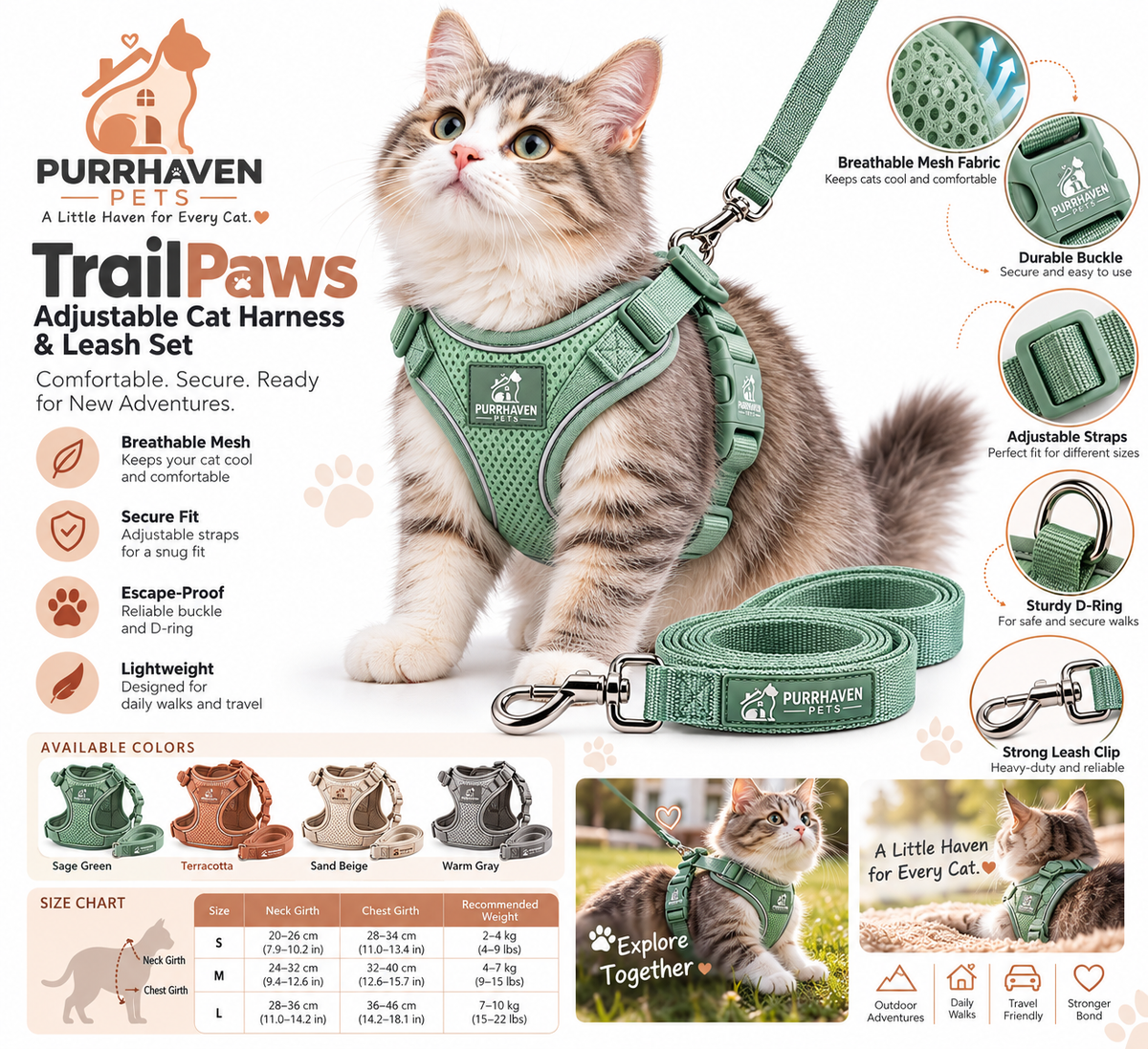Purrhaven TrailPaws Adjustable Cat Harness & Leash Set
